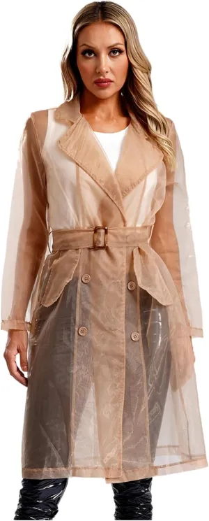 Sywiyi Women's Long Sleeve See Through Sheer Mesh Blazer Organza Jacket Cardigan Top Trench Coats with Belt
