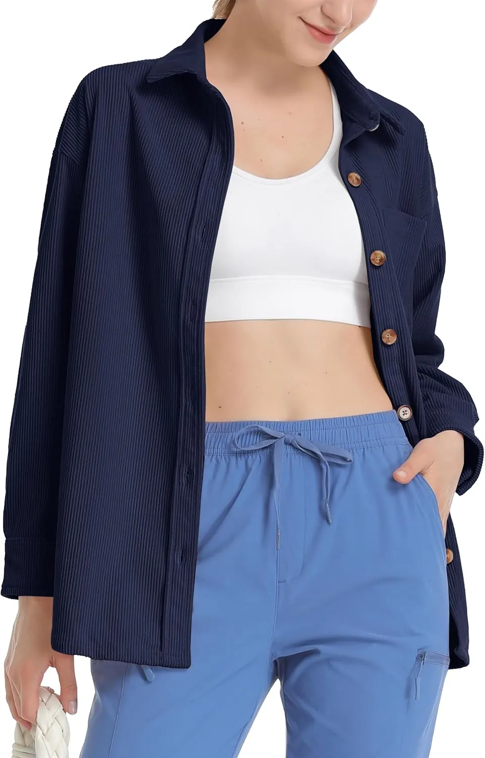TACVASEN Women's Corduroy Button Down Shacket Long Sleeve Shirt Jacket Casual Jacket Chest Pocket Shirts Loose Fit Coat