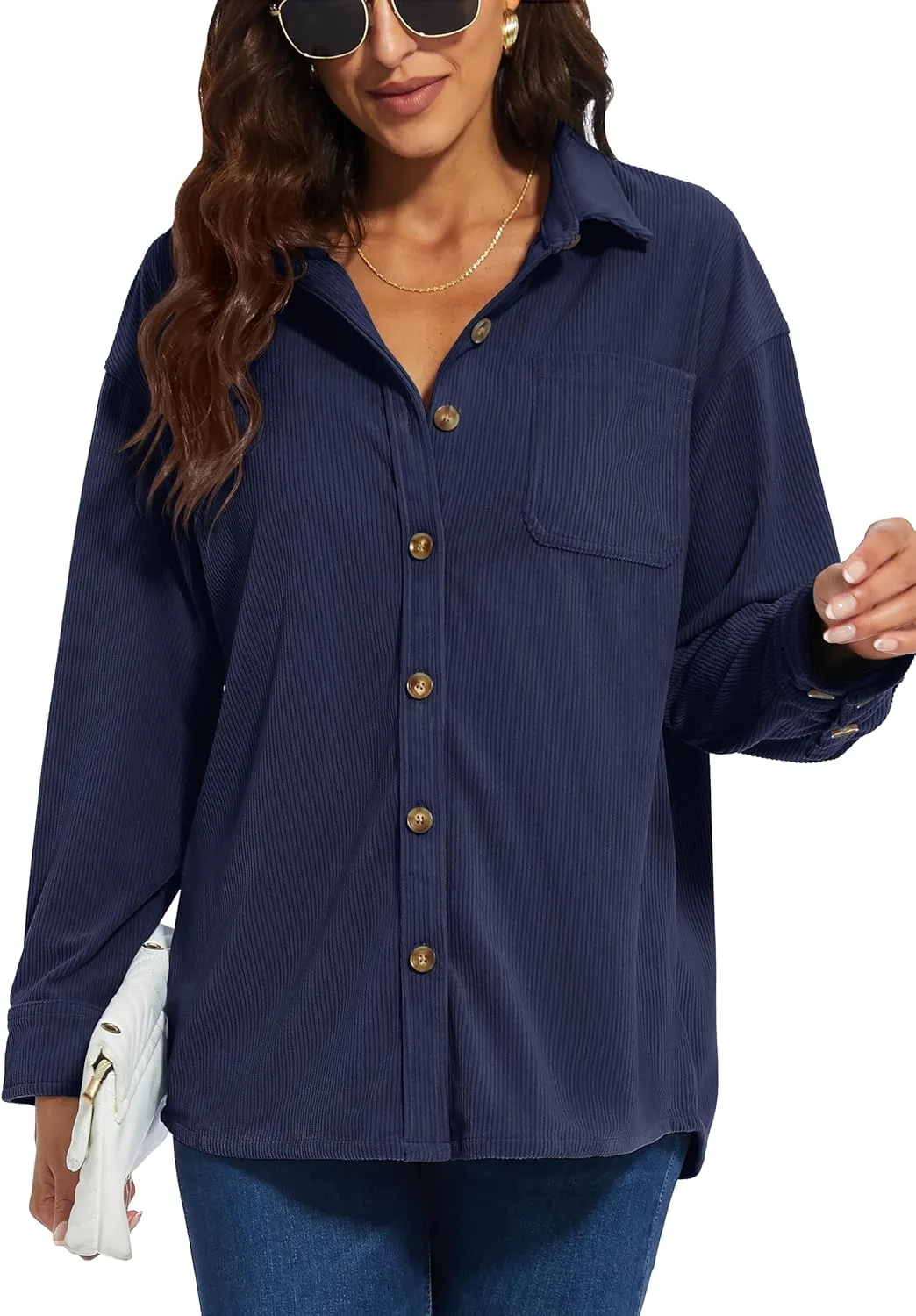 TACVASEN Women's Corduroy Button Down Shacket Long Sleeve Shirt Jacket Casual Jacket Chest Pocket Shirts Loose Fit Coat