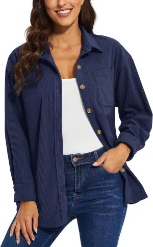 TACVASEN Women's Corduroy Button Down Shacket Long Sleeve Shirt Jacket Casual Jacket Chest Pocket Shirts Loose Fit Coat