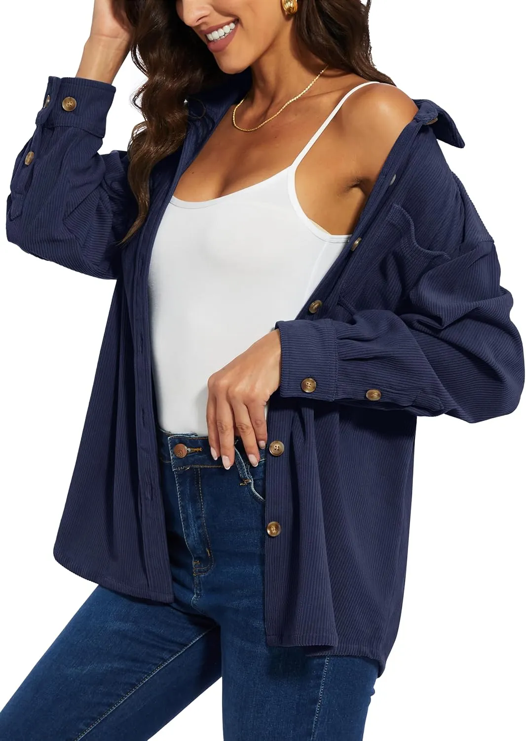 TACVASEN Women's Corduroy Button Down Shacket Long Sleeve Shirt Jacket Casual Jacket Chest Pocket Shirts Loose Fit Coat