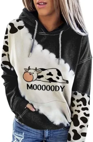 TIAFORD Women's Cute Cow Pullover Hoodies Casual Cow Print Long Sleeve Western Country Sweatshirt Top with Pocket