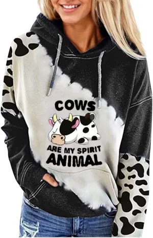 TIAFORD Women's Cute Cow Pullover Hoodies Casual Cow Print Long Sleeve Western Country Sweatshirt Top with Pocket