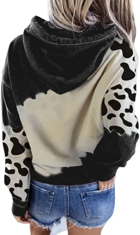 TIAFORD Women's Cute Cow Pullover Hoodies Casual Cow Print Long Sleeve Western Country Sweatshirt Top with Pocket
