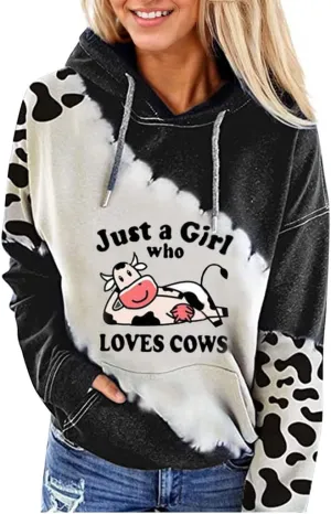 TIAFORD Women's Cute Cow Pullover Hoodies Casual Cow Print Long Sleeve Western Country Sweatshirt Top with Pocket