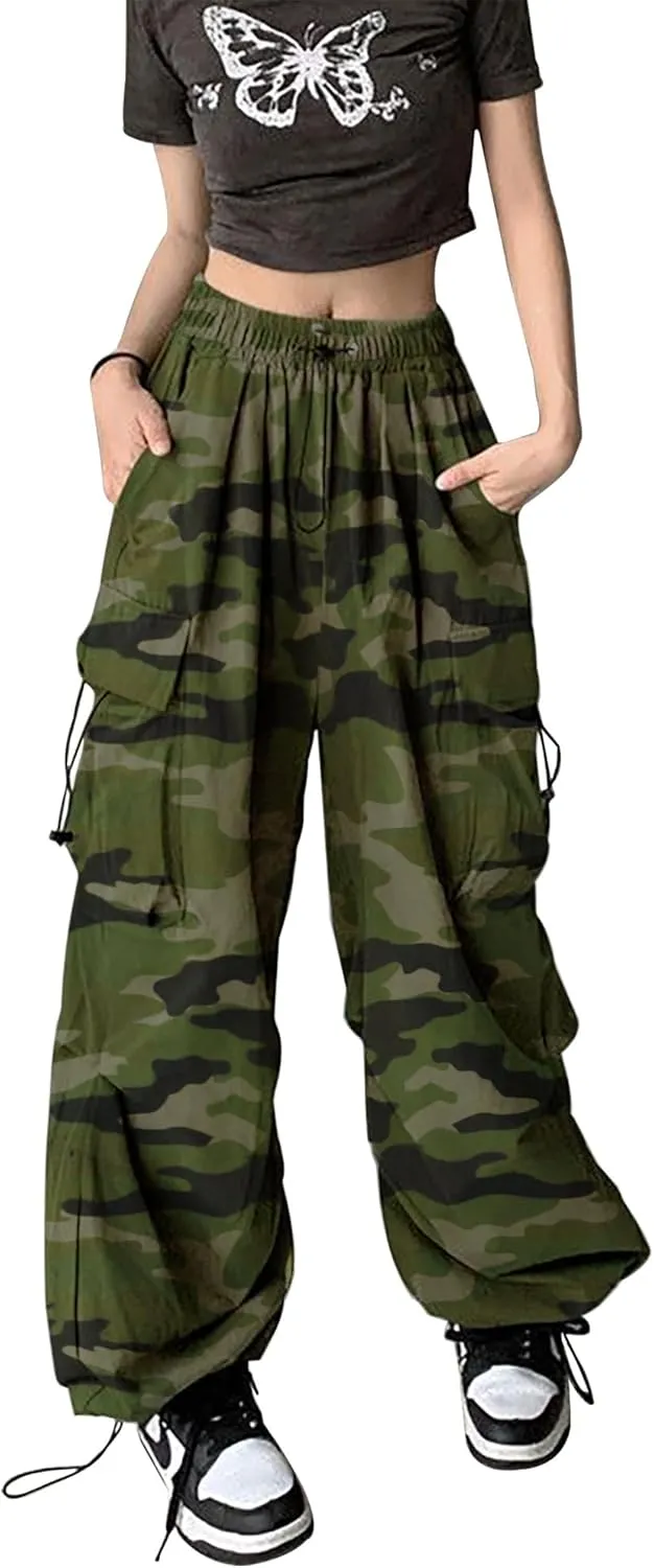 TSMNZMU Womens Baggy Cargo Pants Casual Hiking Trousers Loose Fit Parachute Pants Y2K Hight Waist Mutil Pocket Trousers
