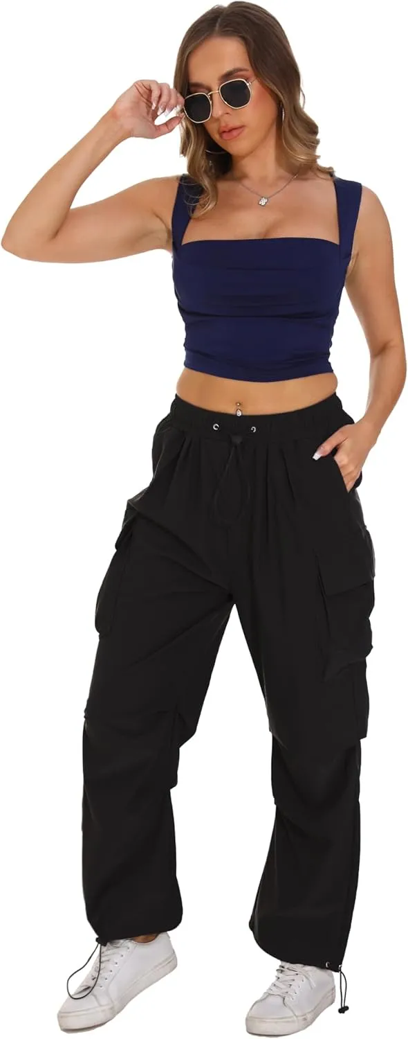 TSMNZMU Womens Baggy Cargo Pants Casual Hiking Trousers Loose Fit Parachute Pants Y2K Hight Waist Mutil Pocket Trousers