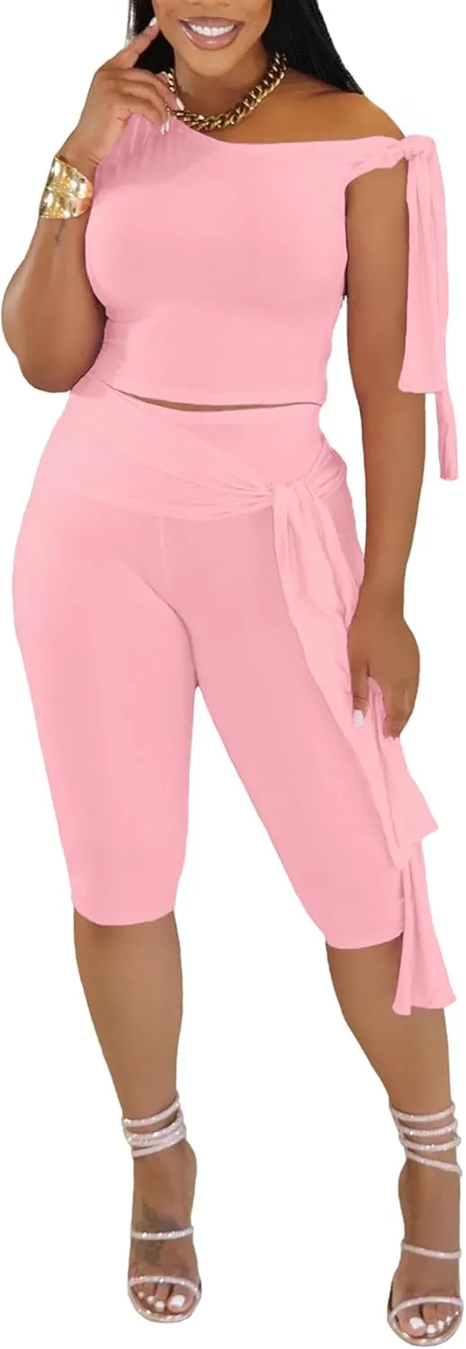Two Piece Sets for Women Summer Outfits Off The Shoulder Tops Pants Sets Sexy Jumpsuits Vacation Outfits Matching Sets