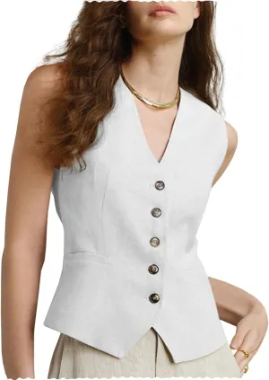 Uohzus Women's Linen Waistcoat V-Neck Dressy Vest 2025 Summer Linen Sleeveless Waistcoat Casual Cotton Suit Tops