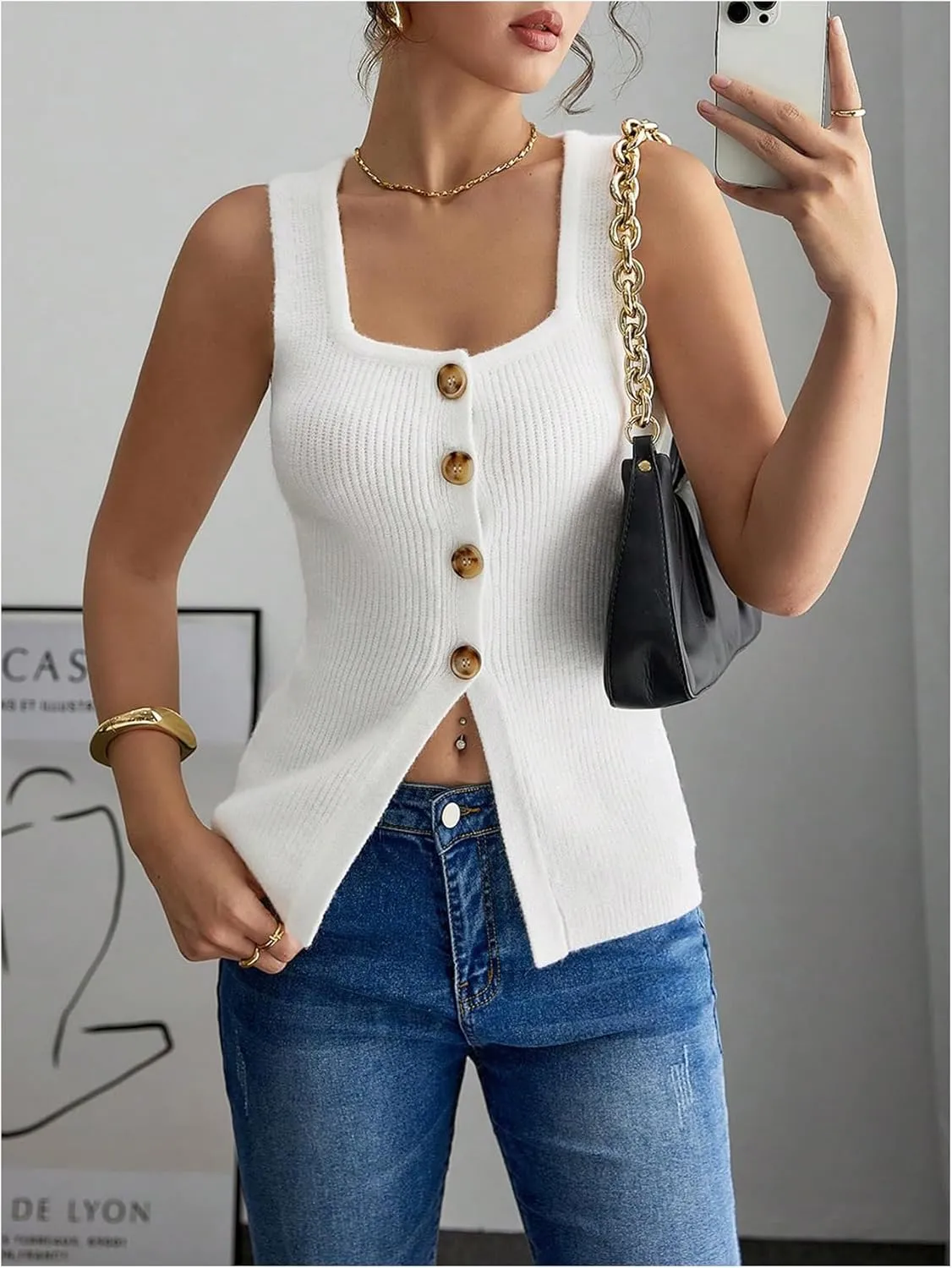Verdusa Women's Button Down Sweater Vest Square Neck Asymmetrical Sleeveless Knit Tops