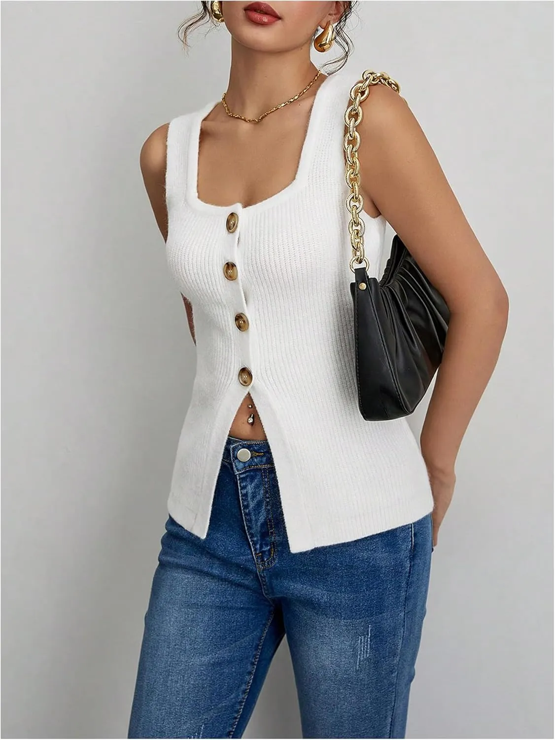 Verdusa Women's Button Down Sweater Vest Square Neck Asymmetrical Sleeveless Knit Tops
