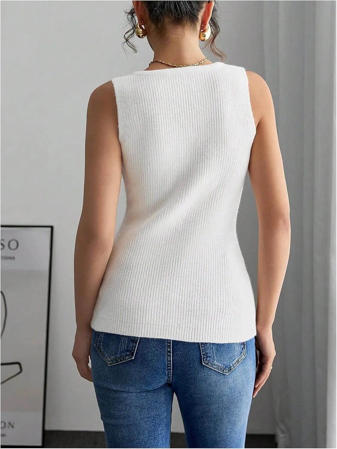 Verdusa Women's Button Down Sweater Vest Square Neck Asymmetrical Sleeveless Knit Tops