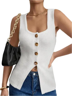 Verdusa Women's Button Down Sweater Vest Square Neck Asymmetrical Sleeveless Knit Tops