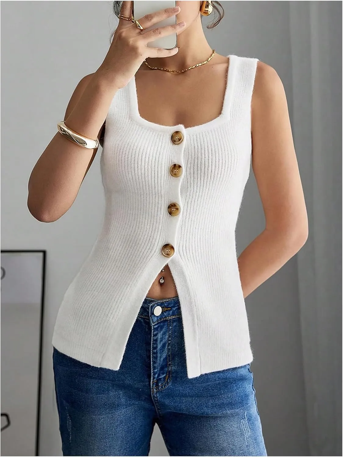 Verdusa Women's Button Down Sweater Vest Square Neck Asymmetrical Sleeveless Knit Tops