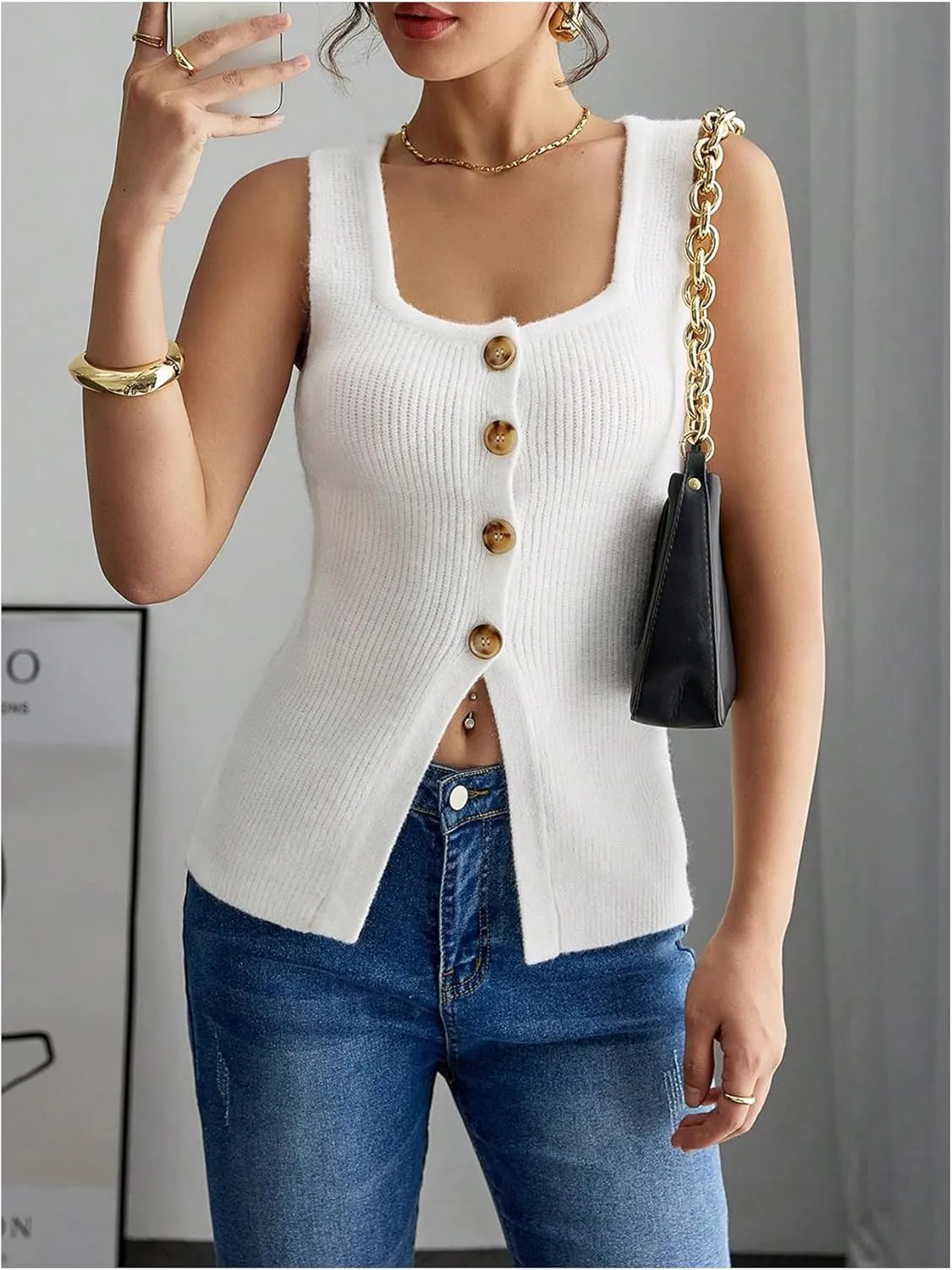 Verdusa Women's Button Down Sweater Vest Square Neck Asymmetrical Sleeveless Knit Tops