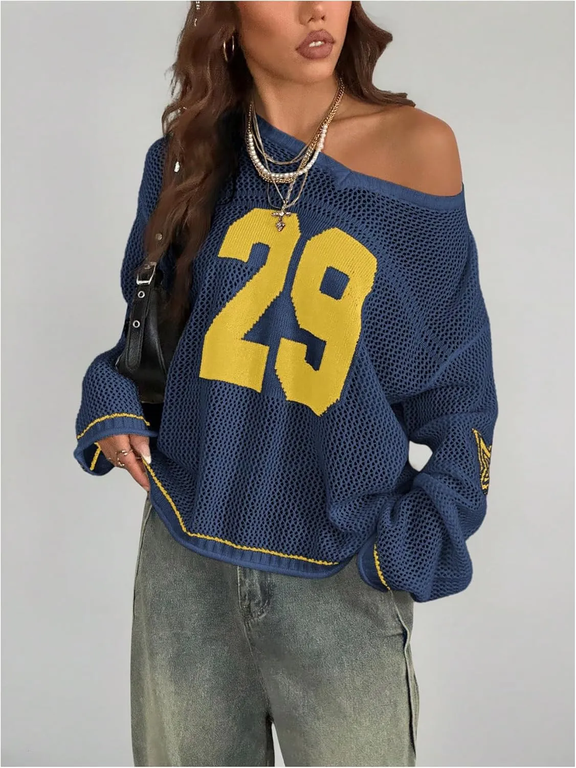 Verdusa Women's Oversized Hollow Out Crochet Jersey Shirts Graphic V Neck Pullover Sweater