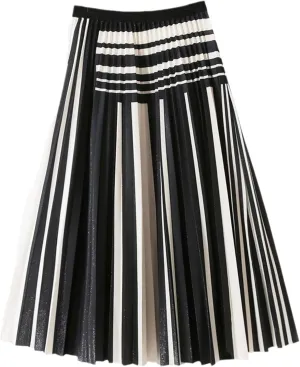 Vintage Striped Midi Long Skirt for Women Autumn Casual Elegant A Line High Waist Pleated Mid-Length Skirt