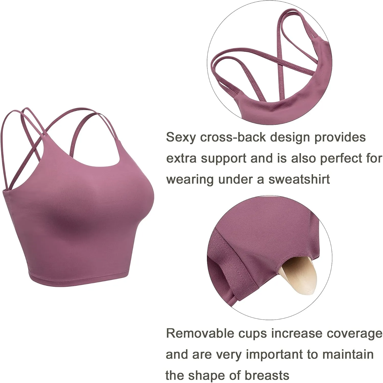 Vorcy Womens Padded Sports Bra Fitness Workout Running Camisole Crop Top with Built in Bra