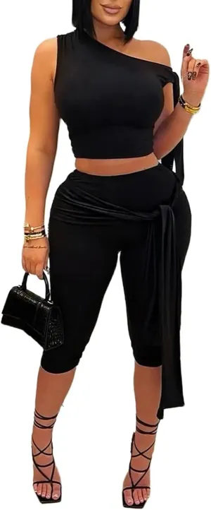 Vssjavun Women's 2 Piece Outfits Sexy Sleeveless One Shoulder Crop Tops Bodycon Capri Pants Sets