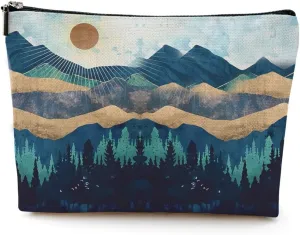 Watercolor Cosmetic Bag Mountain Sunshine Print -Blue Funny Christmas Birthday Gifts for Women Teen Girl Daughter Friend Bestie Sister Coworker Grandma Mom Makeup Travel Bag Mothers Day Graduation