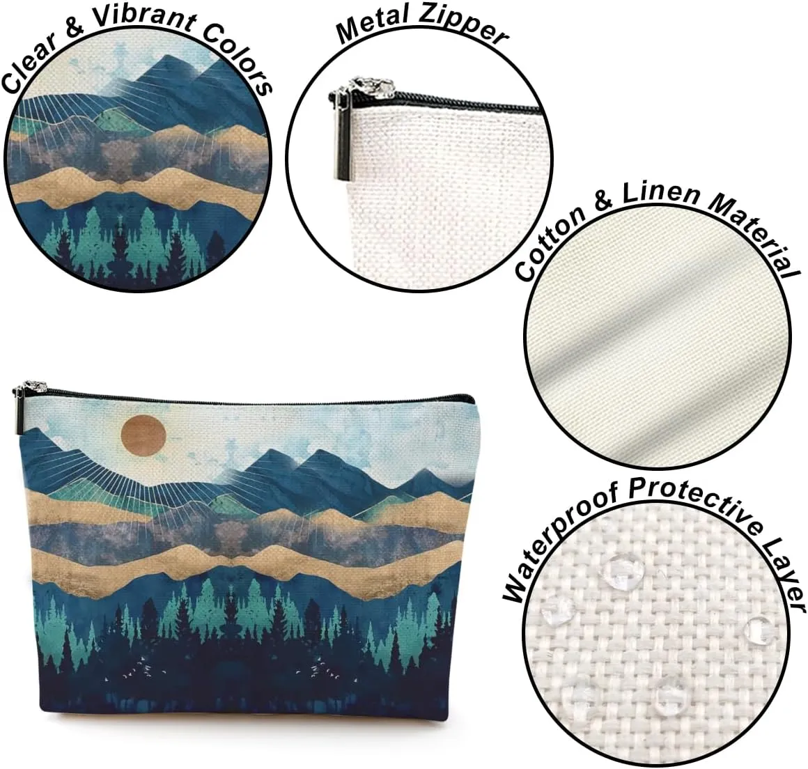 Watercolor Cosmetic Bag Mountain Sunshine Print -Blue Funny Christmas Birthday Gifts for Women Teen Girl Daughter Friend Bestie Sister Coworker Grandma Mom Makeup Travel Bag Mothers Day Graduation