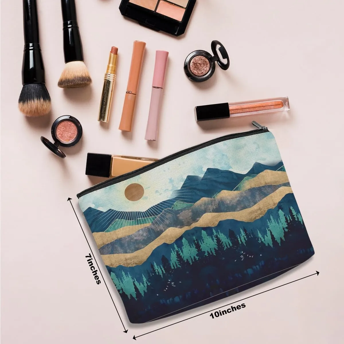 Watercolor Cosmetic Bag Mountain Sunshine Print -Blue Funny Christmas Birthday Gifts for Women Teen Girl Daughter Friend Bestie Sister Coworker Grandma Mom Makeup Travel Bag Mothers Day Graduation