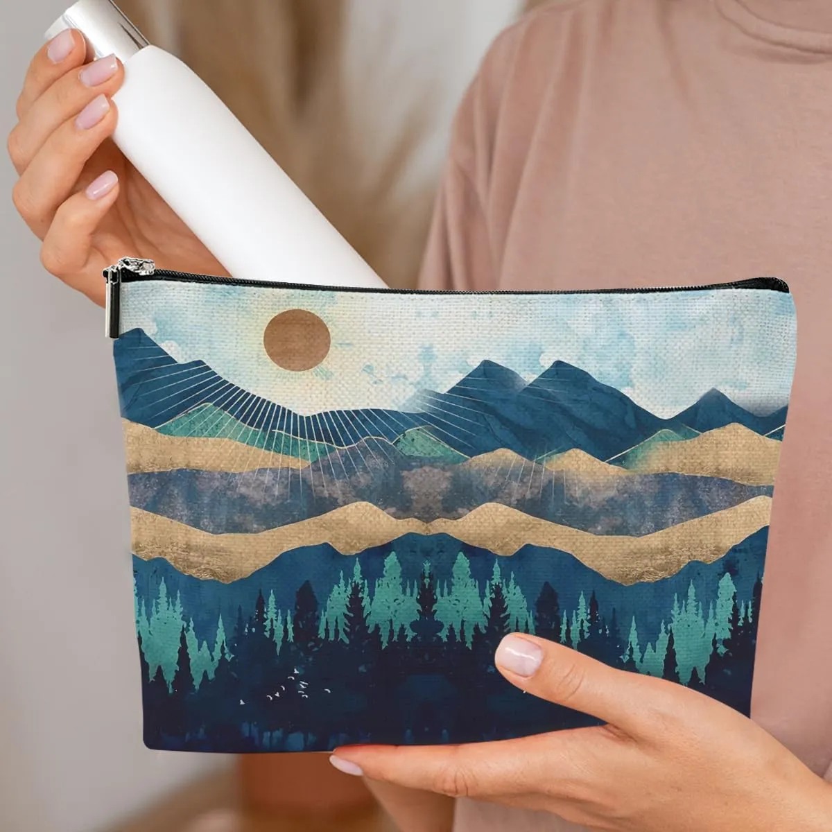 Watercolor Cosmetic Bag Mountain Sunshine Print -Blue Funny Christmas Birthday Gifts for Women Teen Girl Daughter Friend Bestie Sister Coworker Grandma Mom Makeup Travel Bag Mothers Day Graduation