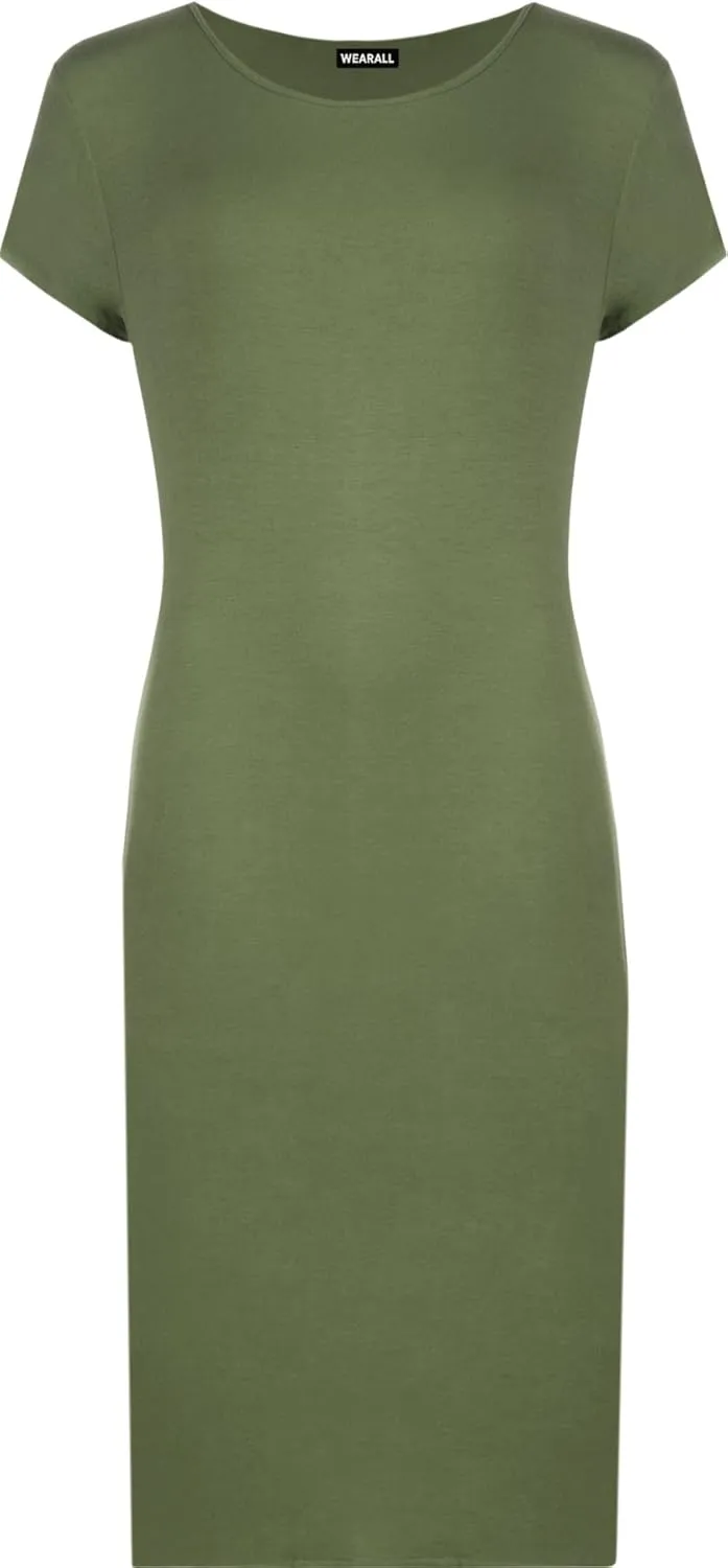 WearAll Womens Plus Size Plain Short Sleeve Stretch Ladies Jersey Midi Dress 4-22