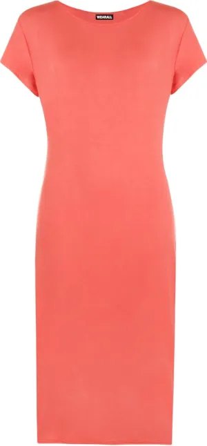 WearAll Womens Plus Size Plain Short Sleeve Stretch Ladies Jersey Midi Dress 4-22