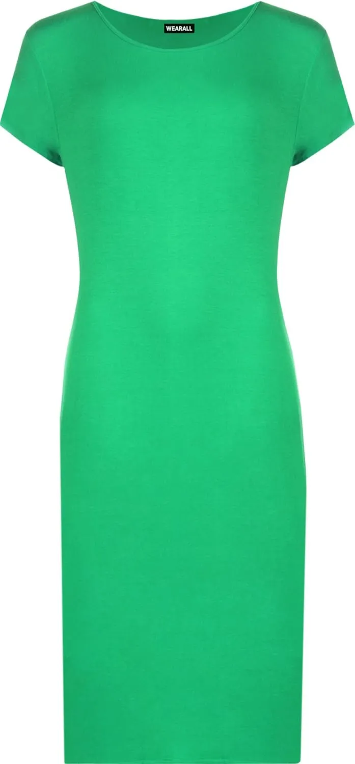 WearAll Womens Plus Size Plain Short Sleeve Stretch Ladies Jersey Midi Dress 4-22