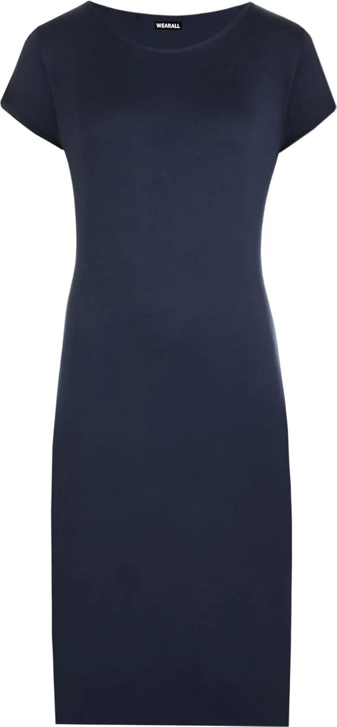 WearAll Womens Plus Size Plain Short Sleeve Stretch Ladies Jersey Midi Dress 4-22