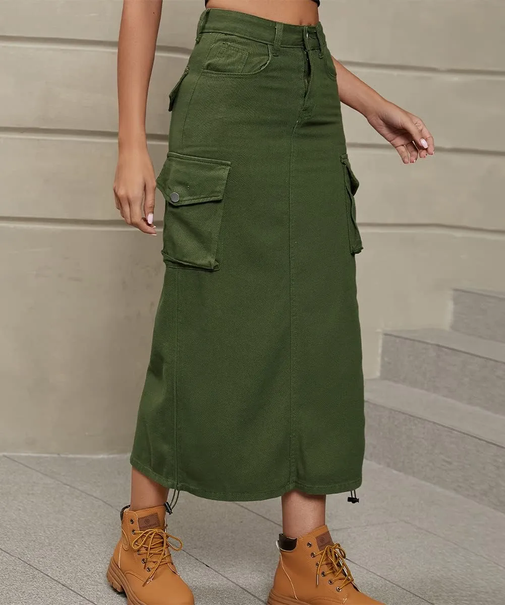 Women Cargo Denim Midi Skirt Y2k Vintage Ruched Drawstring Long Skirts with Pockets