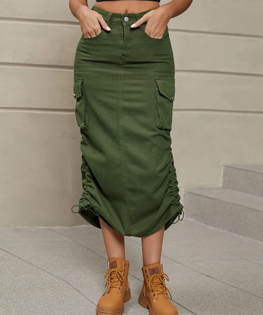 Women Cargo Denim Midi Skirt Y2k Vintage Ruched Drawstring Long Skirts with Pockets