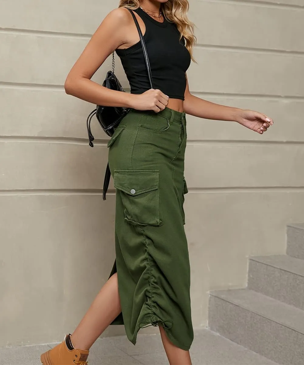 Women Cargo Denim Midi Skirt Y2k Vintage Ruched Drawstring Long Skirts with Pockets