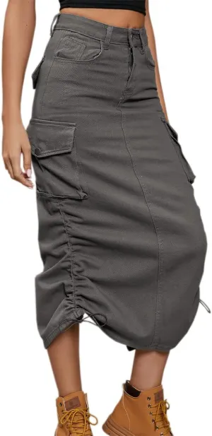 Women Cargo Denim Midi Skirt Y2k Vintage Ruched Drawstring Long Skirts with Pockets