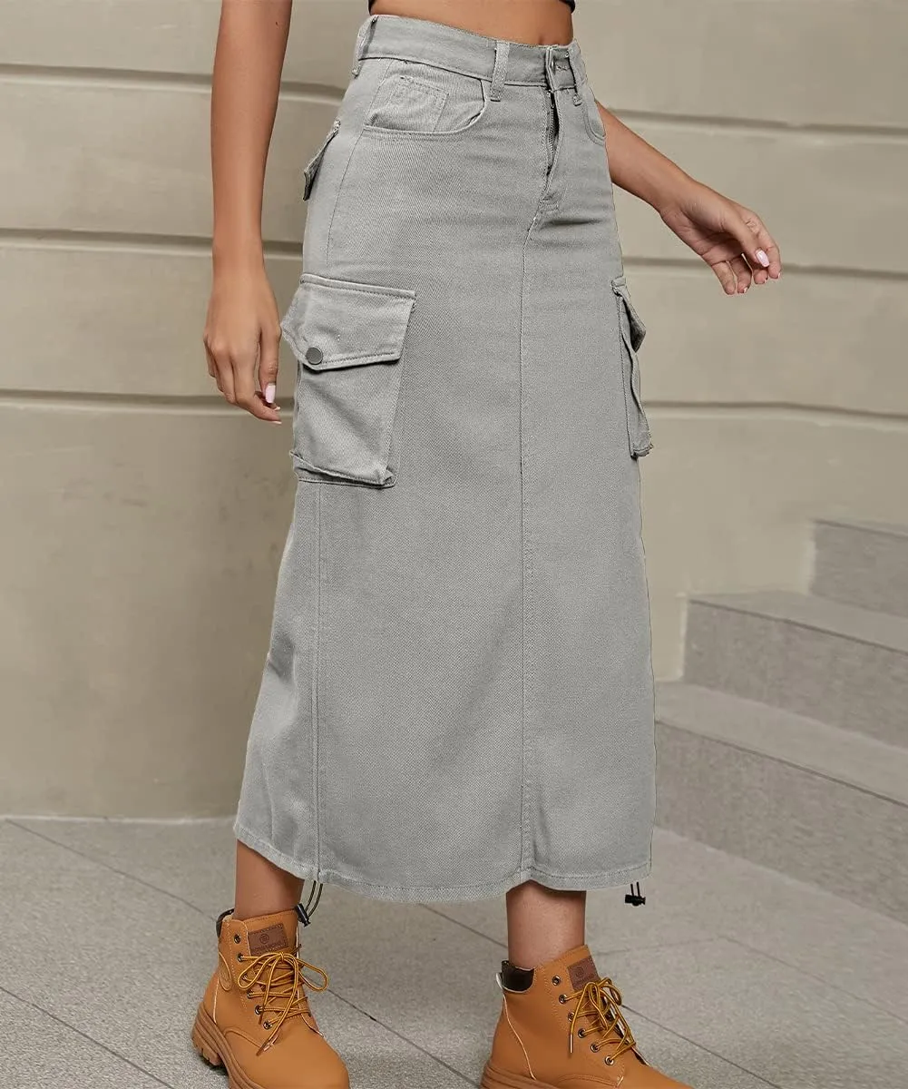 Women Cargo Denim Midi Skirt Y2k Vintage Ruched Drawstring Long Skirts with Pockets