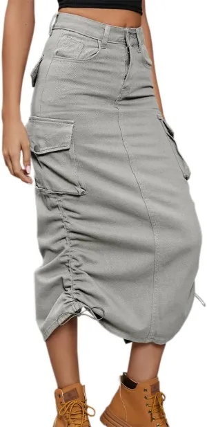 Women Cargo Denim Midi Skirt Y2k Vintage Ruched Drawstring Long Skirts with Pockets