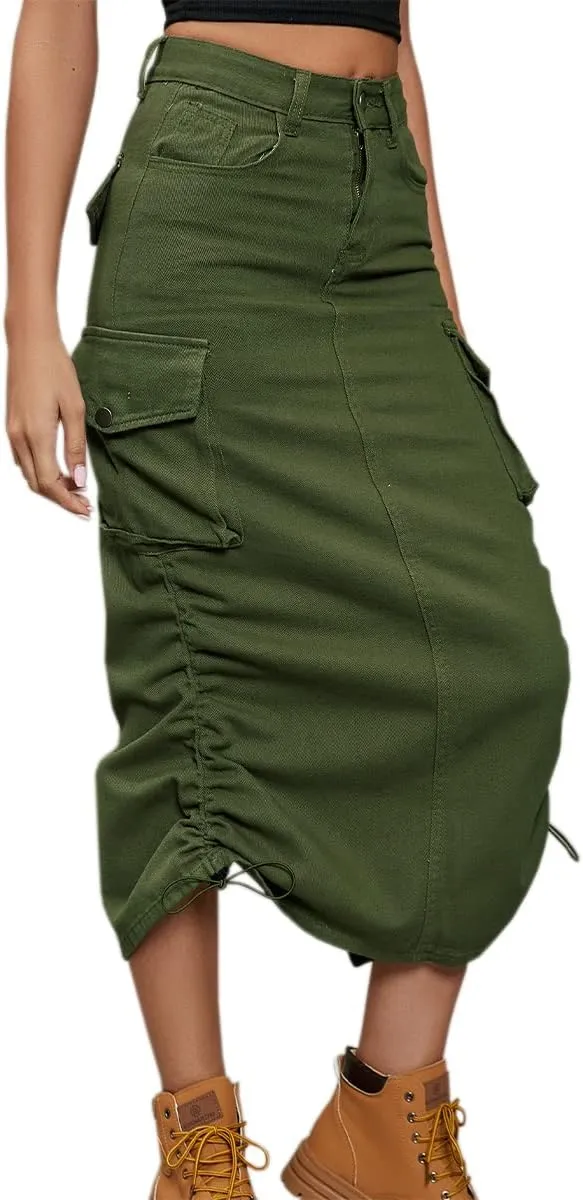 Women Cargo Denim Midi Skirt Y2k Vintage Ruched Drawstring Long Skirts with Pockets