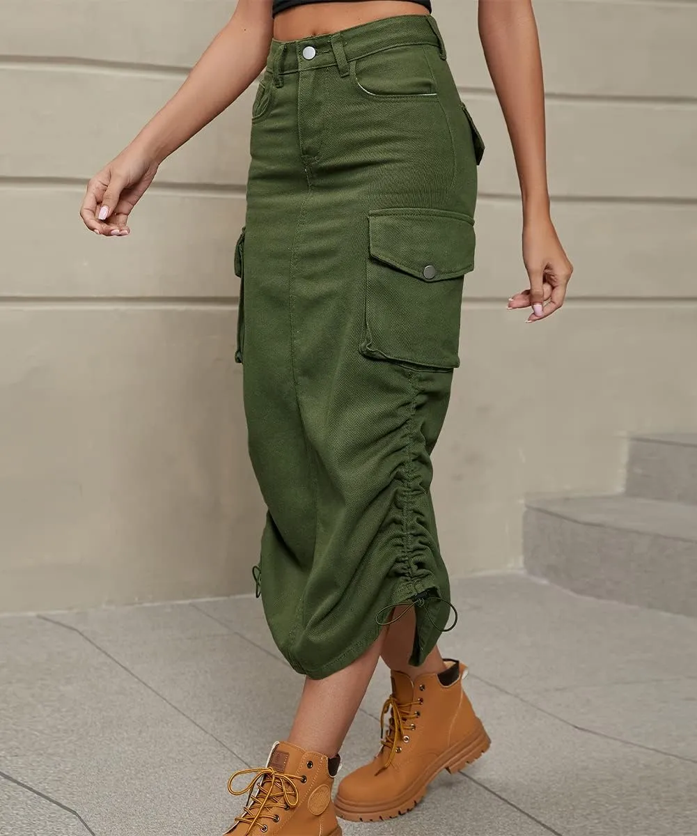 Women Cargo Denim Midi Skirt Y2k Vintage Ruched Drawstring Long Skirts with Pockets