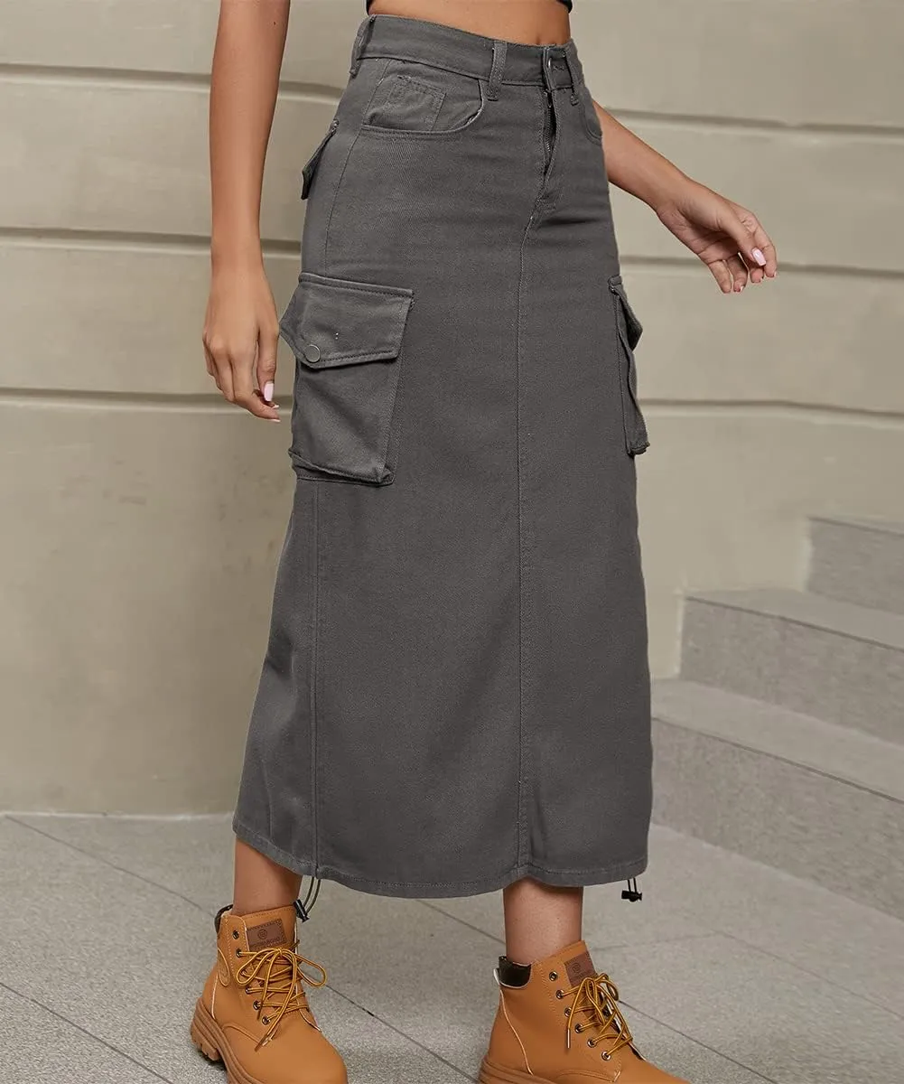 Women Cargo Denim Midi Skirt Y2k Vintage Ruched Drawstring Long Skirts with Pockets