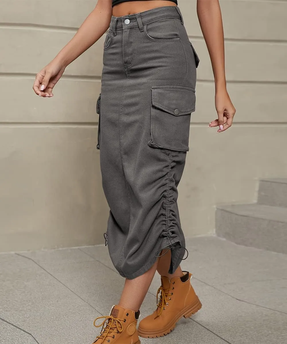 Women Cargo Denim Midi Skirt Y2k Vintage Ruched Drawstring Long Skirts with Pockets