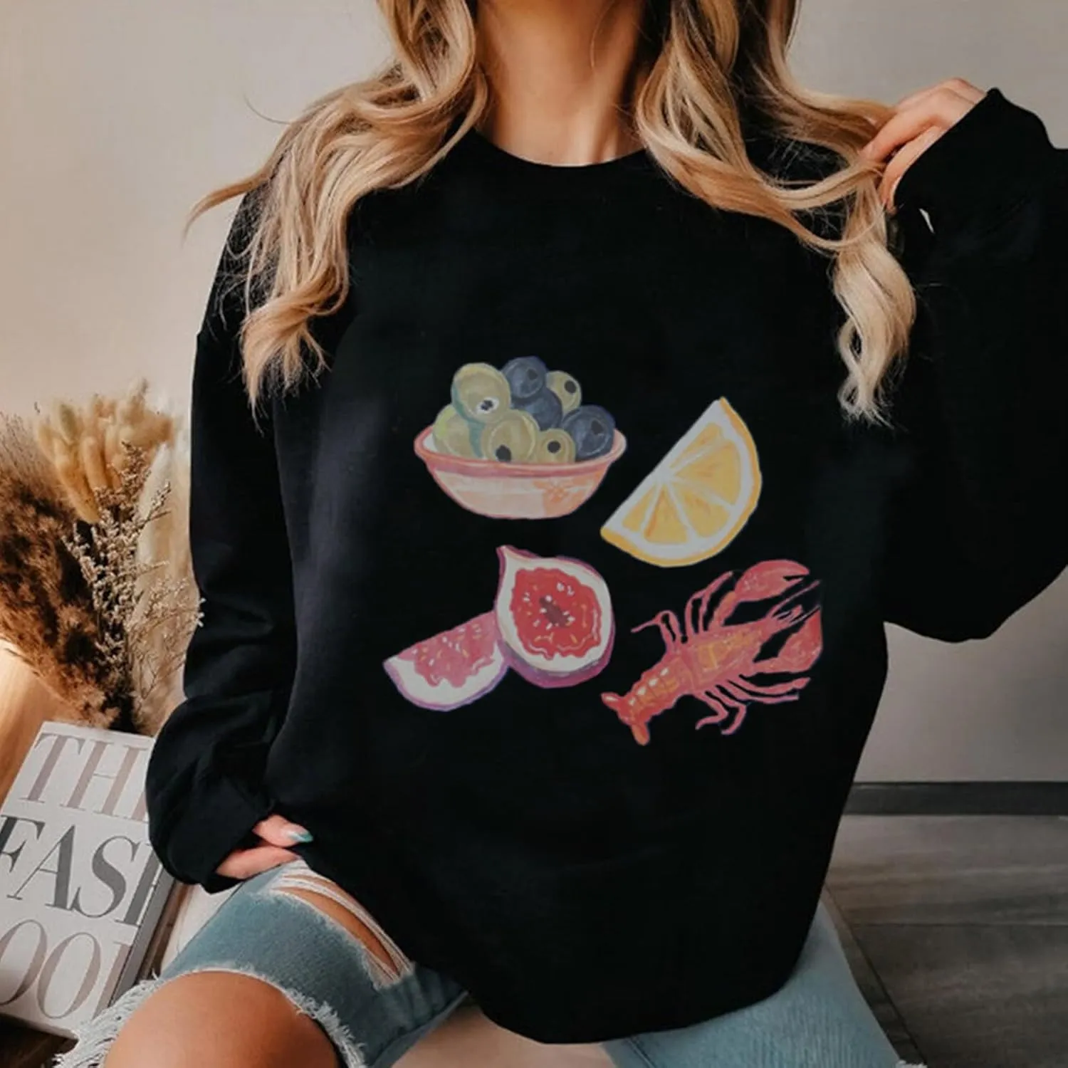 Women Oversized Graphic Sweatshirt Y2k Long Sleeve Crewneck Drop Shoulder Baggy Sweater Jacket Vintage Pullover Top