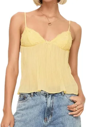 Women Pleated Camisole Sexy Sheer Mesh Spaghetti Strap Tank Top Lace Trim V Neck Bustier Cami Tops Streetwear
