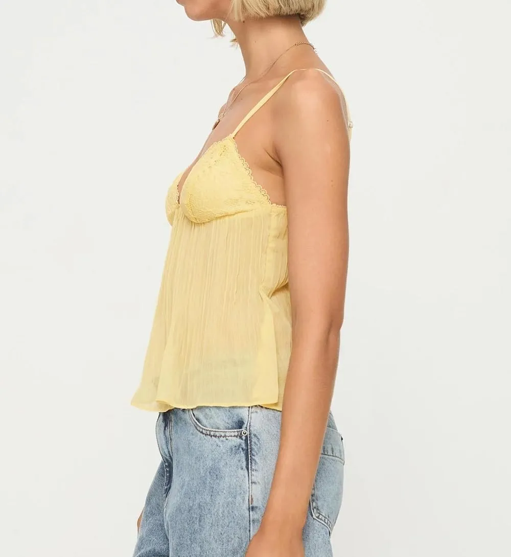 Women Pleated Camisole Sexy Sheer Mesh Spaghetti Strap Tank Top Lace Trim V Neck Bustier Cami Tops Streetwear