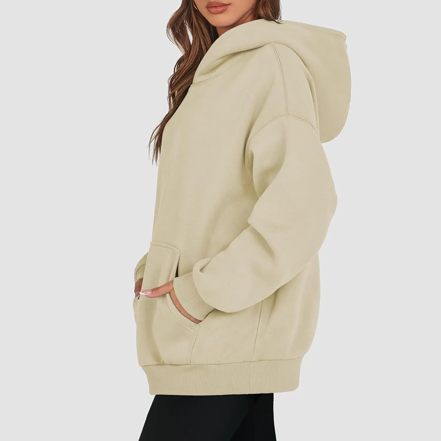 Women Solid Basic Hoodies Fall Outfits Long Sleeve Sweatshirts Pullover Drop Shoulder Tops with Pocket
