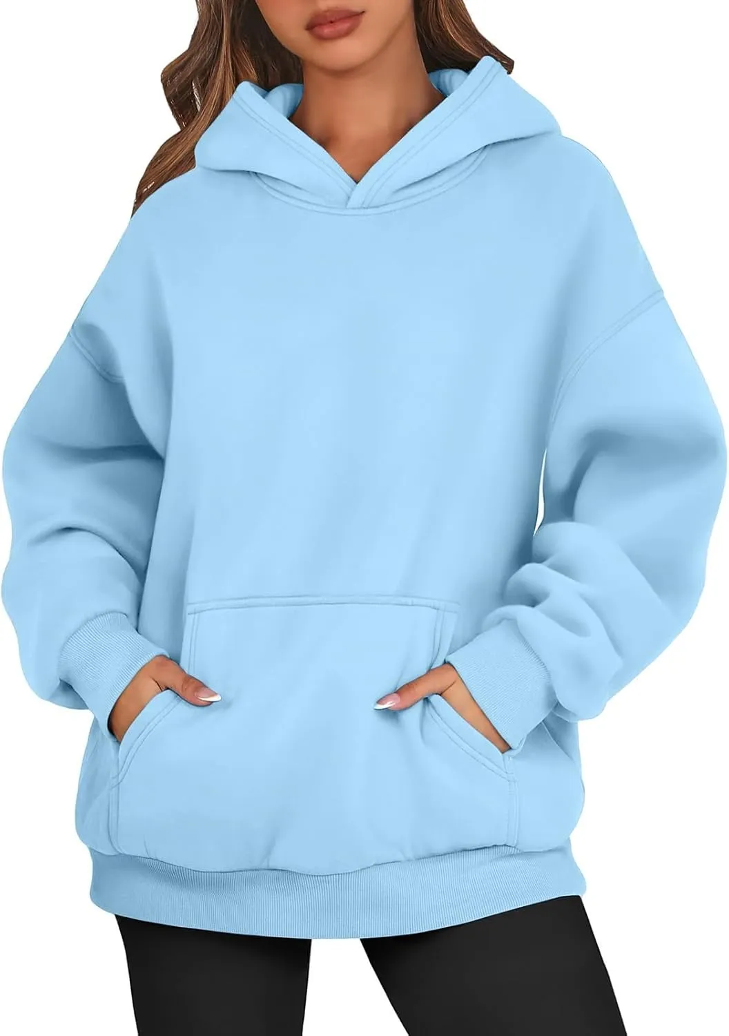 Women Solid Basic Hoodies Fall Outfits Long Sleeve Sweatshirts Pullover Drop Shoulder Tops with Pocket
