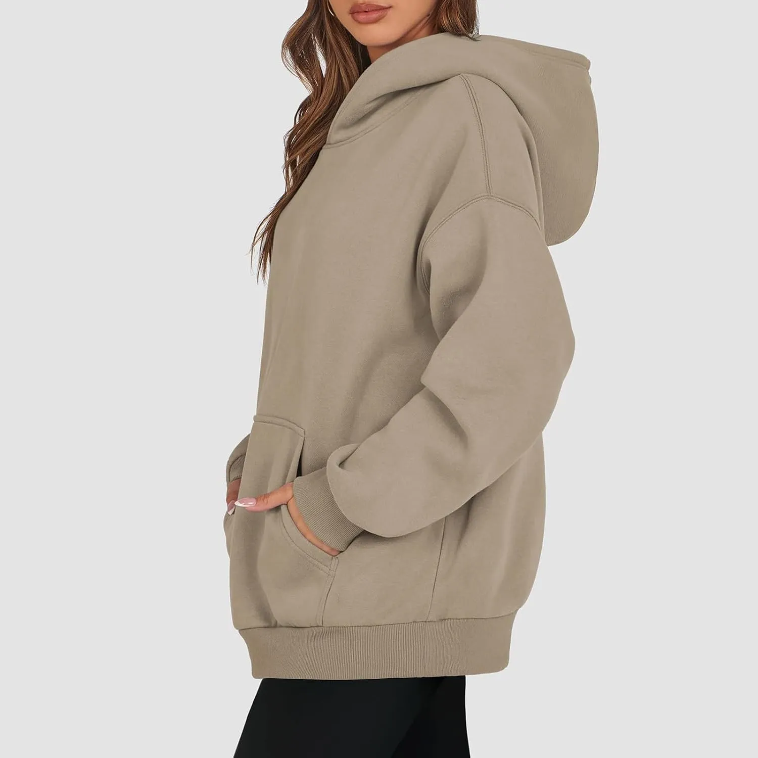 Women Solid Basic Hoodies Fall Outfits Long Sleeve Sweatshirts Pullover Drop Shoulder Tops with Pocket