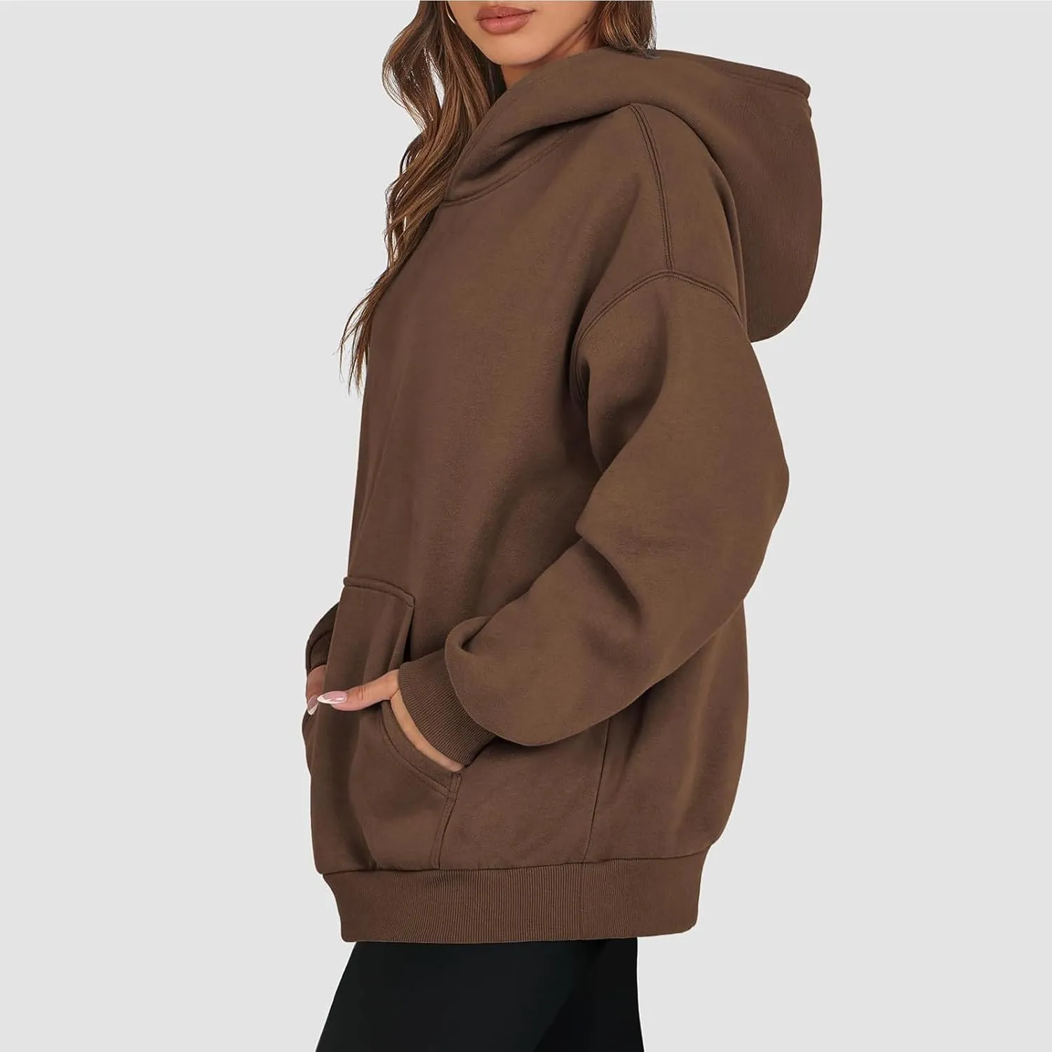 Women Solid Basic Hoodies Fall Outfits Long Sleeve Sweatshirts Pullover Drop Shoulder Tops with Pocket