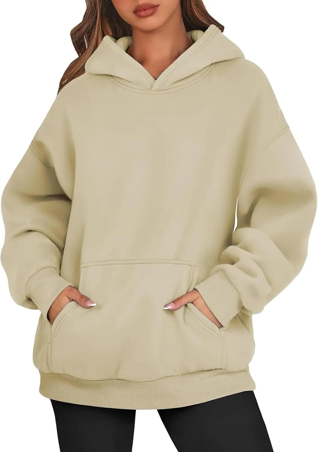 Women Solid Basic Hoodies Fall Outfits Long Sleeve Sweatshirts Pullover Drop Shoulder Tops with Pocket