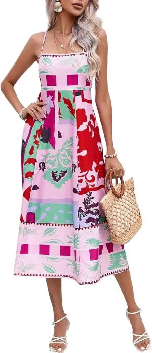 Women Spaghetti Strap Graffiti Maxi Dress Sleeveless Loose Boho Flowy Long Sundress Colorful A Line Beach Sundress